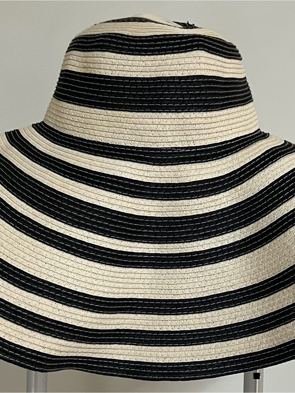 BCBG Striped Wide-Brim Sun Hat in Black and Cream